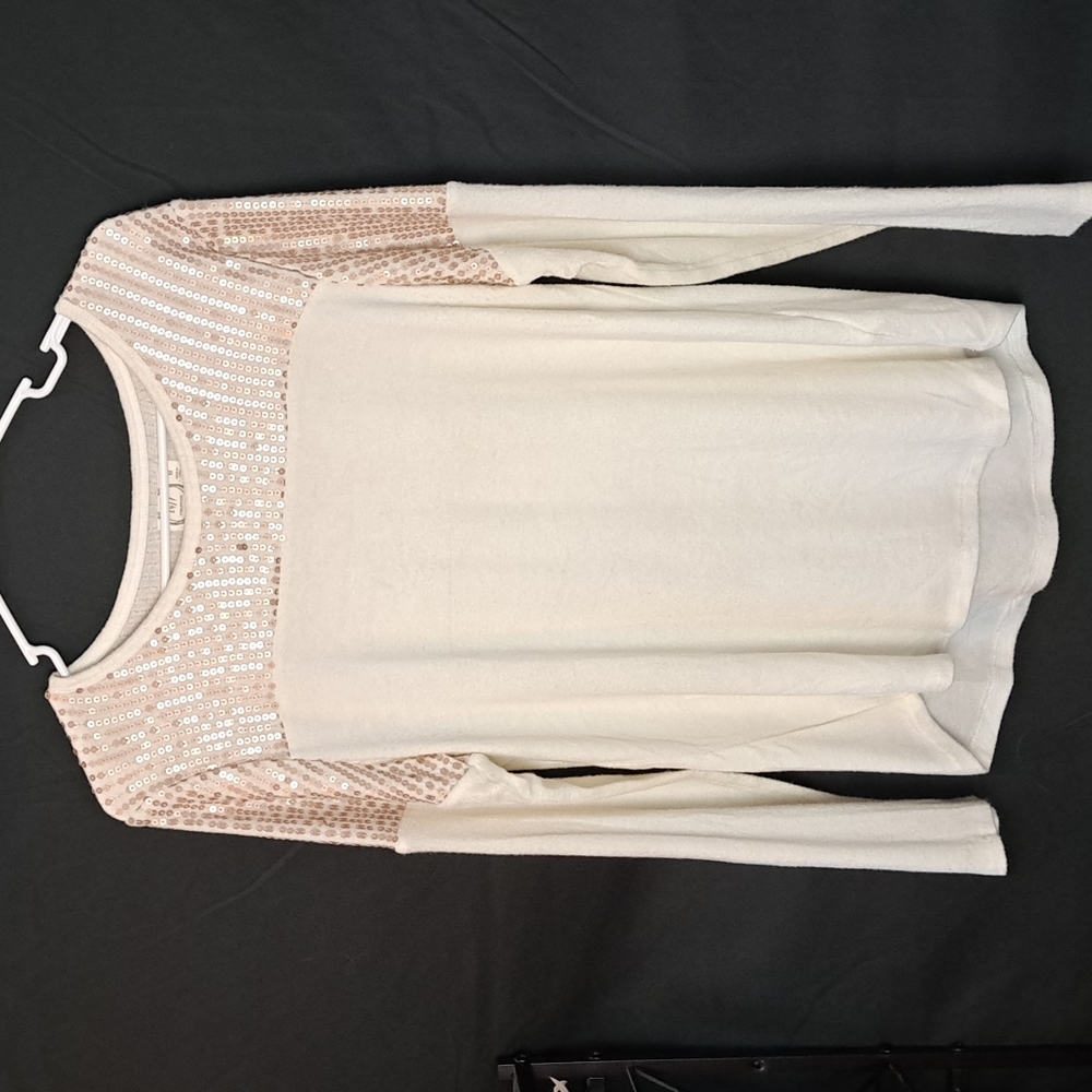 Maurices Sequin Long Sleeve Blouse, Rose Gold Sequin, White Blouse